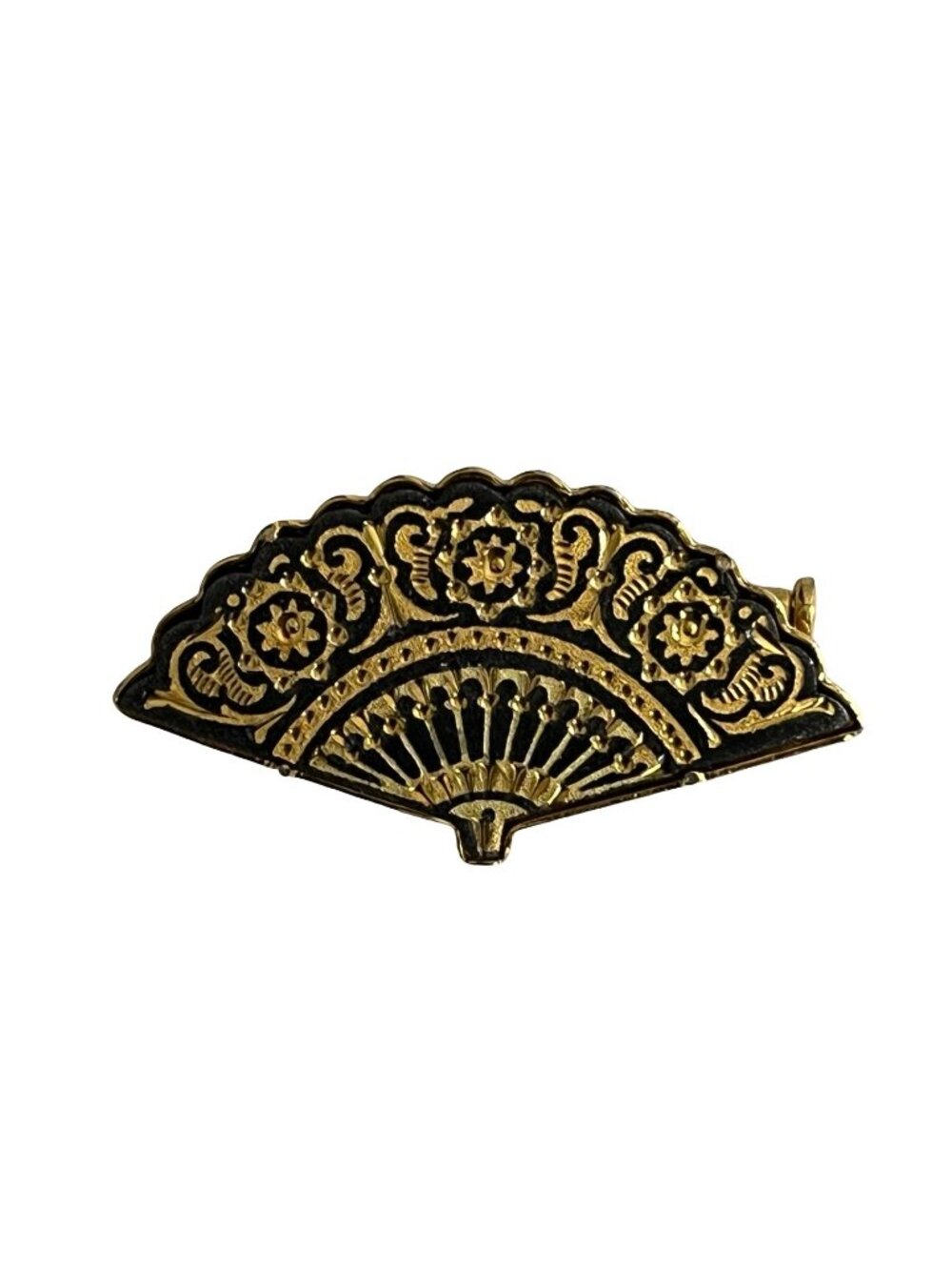 Vintage Gold Tone Fan Brooch Black Enamel Filigree Floral Folding Fan Pin